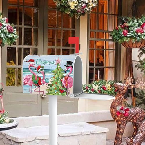 Image of Beach Christmas Flamingo Mailbox Cover Magnetic Standard Size 21 inch x 19 inch, Xmas Tree Coastal Decorative Post Letter Box Wrap Decor, Nautical Winter Holiday Garden Yard Outdoor Decoration