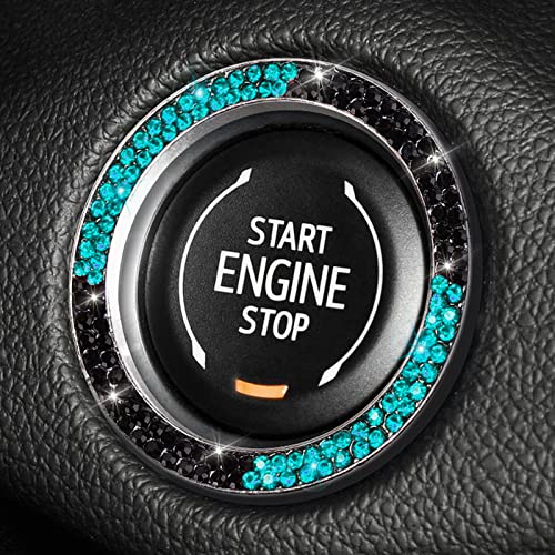 Image of ToBeQueen Teal Push Start Button Cover Emblem Sticker, Interior Crystal Diamond Rhinestone Blue Bling Car Starter Ring Decoration, Turquoise Bling Car Accessories for Women, Black and Lake Blue