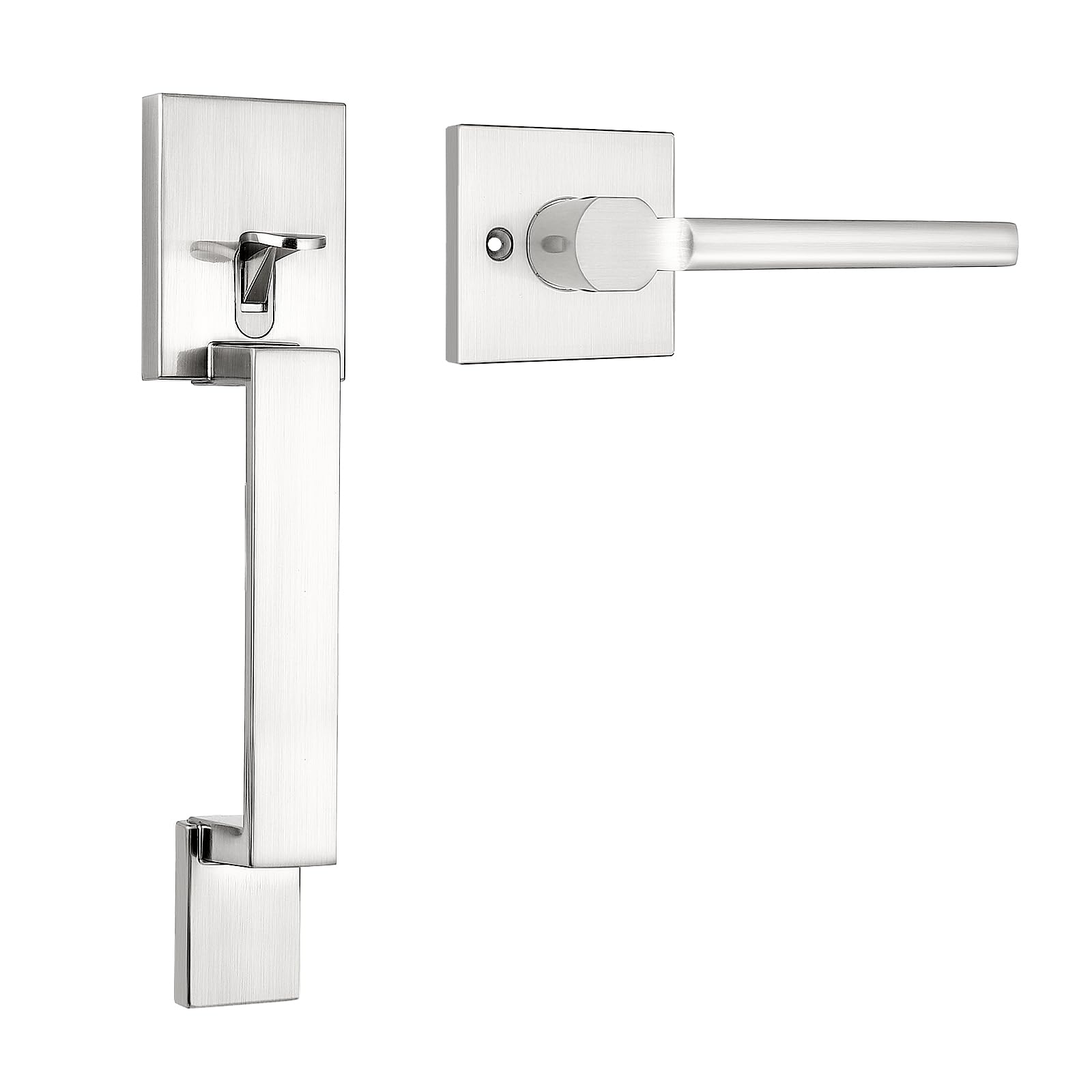Probrico Manija de puerta delantera resistente, níquel satinado, moderna manija cuadrada para puerta de pasaje exterior, palanca interior reversible para diestros o zurdos