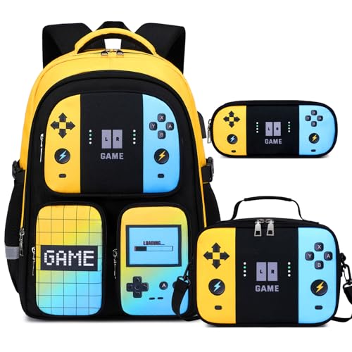 Gamer Backpack for Boys 3PCS Boys Backpack with Lunch Box & Pencil Pouch Waterproof School Bags for Boy Kids Children Teens Elementary Middle School Kids Book Bag Casual Daypack (Yellow Blue)