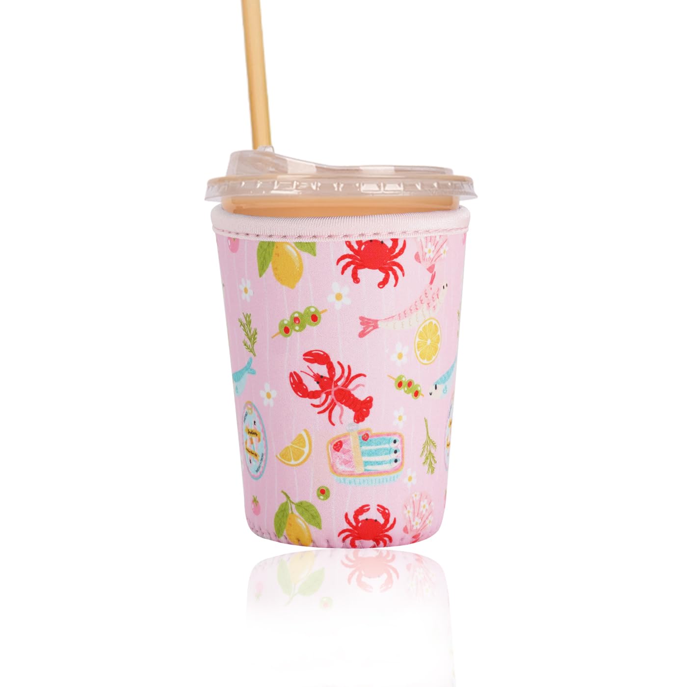 Reusable Insulated Sleeve for Iced Coffee Cup, Coffee Neoprene Sleeve for Cold &amp; Hot Drinks, Beverage Holder for Iced Coffee (Coastal Catch, Small: 16-18oz)