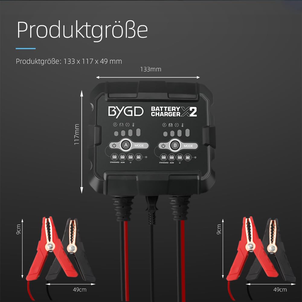 BYGD 4A Autobatterie Ladegerät, 2-Fach KFZ Smart-Batterieladegerät 6V/12V Smart Vollautomatische KFZ Ladegeräte Mit BMS, Gleichzeitiges Laden von Zwei separaten Autobatterien (2A je Bank)