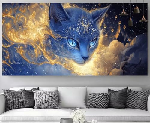 Peinture diamant chat abstrait grand canevas salon 50x150