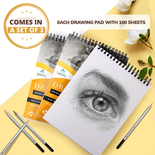 Bellofy 3 X Drawing Paper Pads 9” X 12” | 300 Sheets | 60Lbs 85G | Acid Free Sketchbook Paper For Dry Media | Top Spiral Bound Sketchpad For Kids, Beginners, Artists & Professionals #TOP4