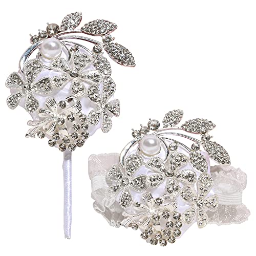 WANLIAN Wrist Corsage with Peal and Rhinestone Corsage and Boutonniere Set for Wedding Prom Party (Silver White2 Pieces)