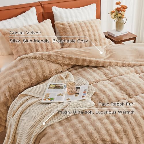 Image of EMME Faux Fur Duvet Cover Queen Size, 3 Pieces Ultra Soft Fluffy Comforter Cover, Cozy Warm for Winter, Luxury Elegant Shaggy Bubble Design Bedding, 1 Duvet Cover & 2 Pillow Shams (Queen, Beige)
