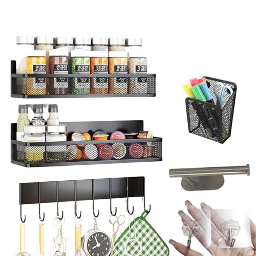 Azmaish Magnetic Spice Rack for Refrigerator Organizers, 3 Tier Magnetic Shelf with Towel Rack, Square Storage Basket & Two Sticky Hooks, Kitchen Organizers