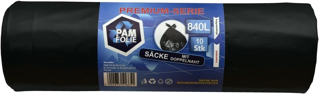Sacs poubelle 840L - 10 pièces - XXL grands Sacs poubelle pour déchets de chantier, Premium - 130x170cm - 40µm - Sac poubelle noir - Sacs pour Polystyrène expansé