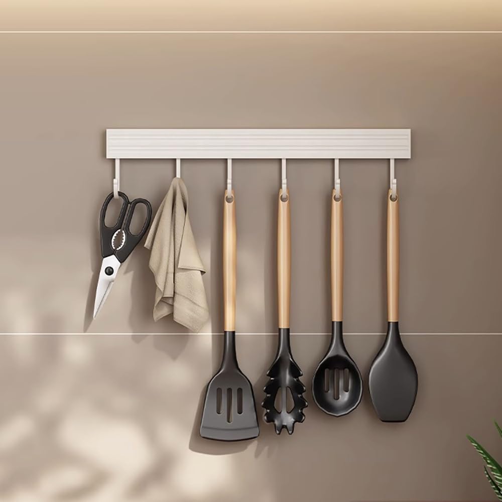 Kitchen Utensil Rack Pot and Pan Hanging, Rod Hooks & Racks, Wall Mounted Rail Organizer, Aluminum White(with 6 Hooks 30cm)