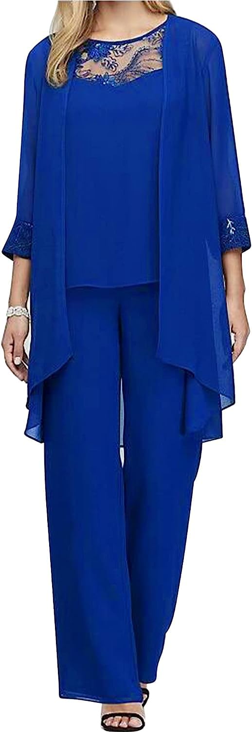 Yeooa Conjunto de Fiesta de Tres Piezas de Color sólido para Mujer Elegante con Top de Manga 3/4 Pantalones Anchos y de Talla Grande y un Conjunto de Boda Nupcial