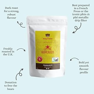 Vietnamese Ground Coffee 227g - Very Strong Dark Roast Vietnam Robusta - Strength 5 - For Coffee Machines & Vietnamese Phin Ca Phe Drip Filter & French Press - Brown Bear - Donation To Free The Bears