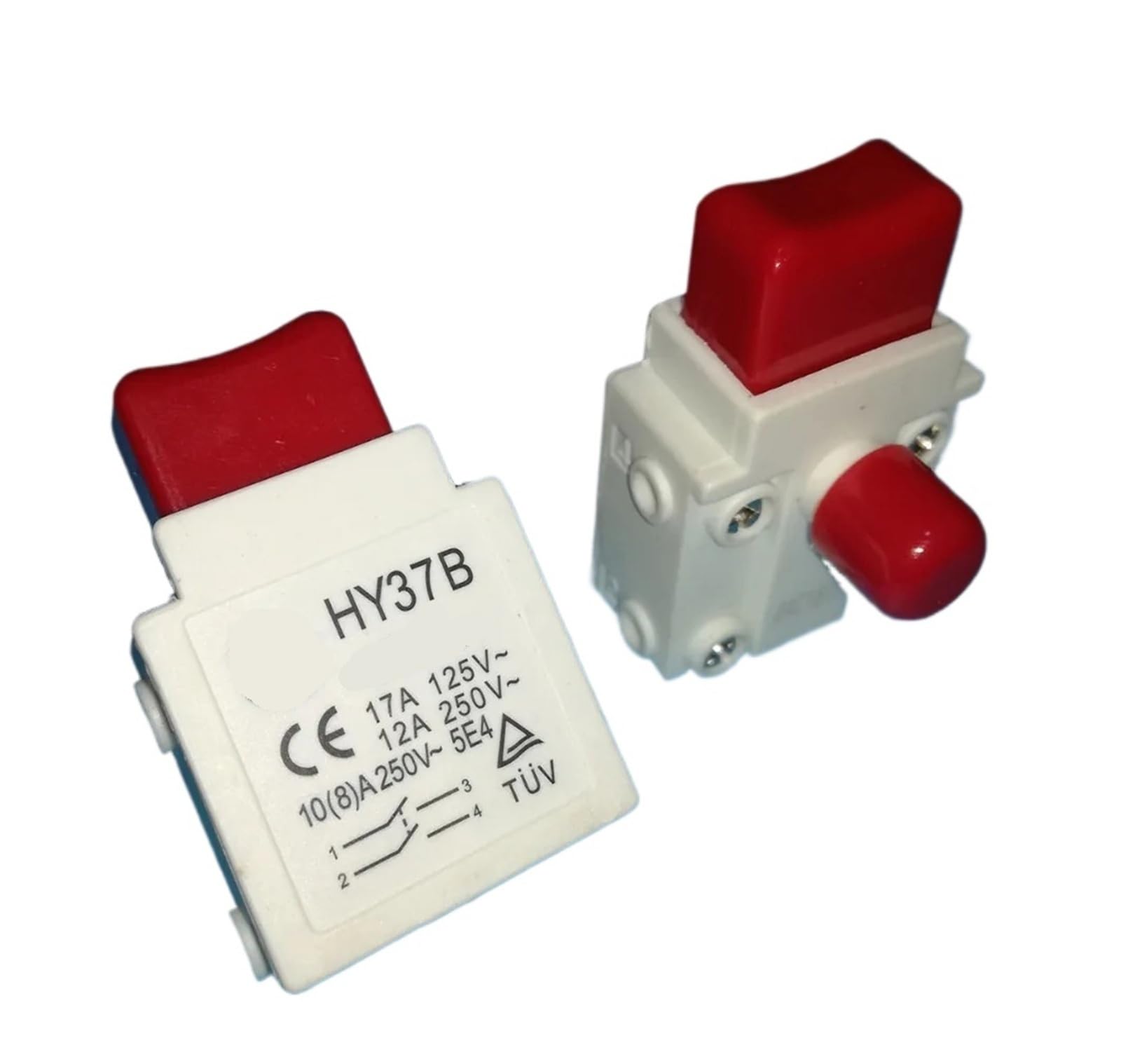 2 interruptores de botón HY37B, 125/250 V, 17/12 A, con gatillo de bloqueo, for cortacésped y herramientas de jardín.