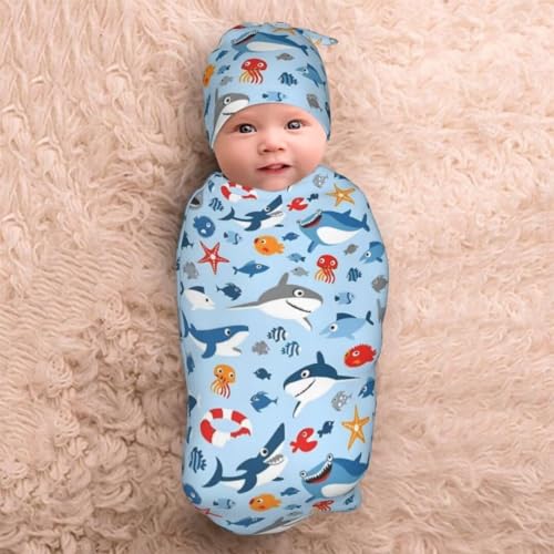 Image of Cartoon Sharks Ocean Newborn Swaddling Blanket Beanie Hat Sets Soft Baby Receiving Funny Blanket Soft Sleeping Bag New Born Soft Sleep Sacks for Boys Girls