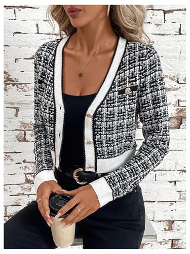 GORGLITTER Women's Checkered Button Up Sweater Cardigan Trendy Color Block Long Sleeve Fall Cropped Short Cardigan 20254