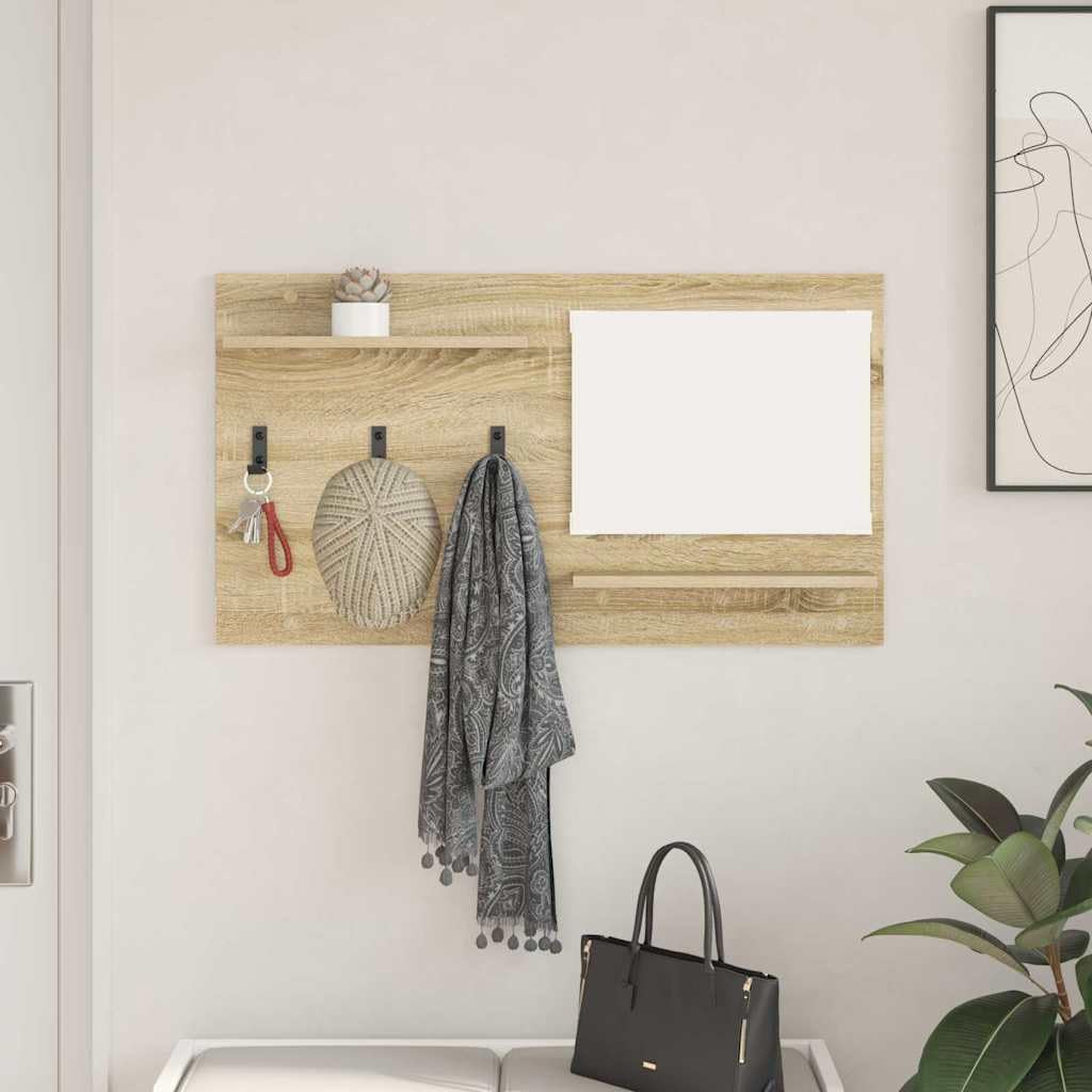 Sonoma Oak Wall Mounted Shelf with Mirror and Hooks | Made of engineered wood measuring 35.4x3.9x19.7 inches, featuring 2 storage ledges for entryway or bathroom organization.
