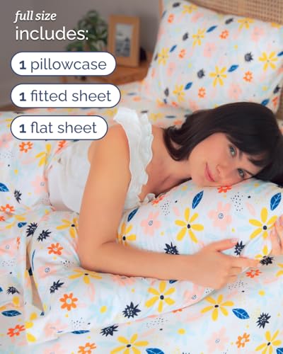 Image of Full 4 Piece Floral Sheet Set - Soft, Breathable & Cooling - Daisy Art