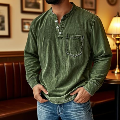 Mokaloha Mens Long Sleeve Shirts, Men's Retro Stand Collar Pocket Casual Distressed Long Sleeve Henley Shirt2