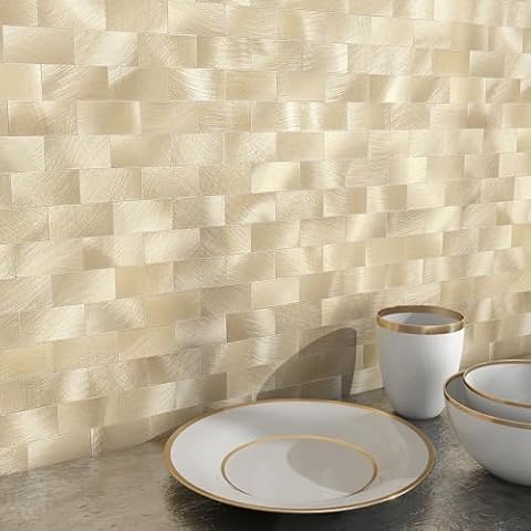 BeNice Peel and Stick Backsplash Metal Tile Backsplash Panels,Stick on Backsplash Bathroom Tiles for Wall Tile Peel and Stick(Gold,5sheets) Cover