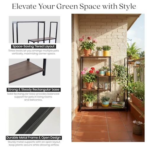 Image of ORILEY TriVista 3 Tier Wooden Plant Stand with Rectangular Base Indoor Multiple Flower Pot Holder Wood Display Racks for Home Potted Plants and Flowers Balcony & Garden Tall Shelf (Pack of 1)