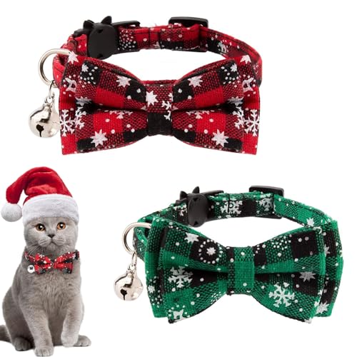2pcs Christmas Cat Collar with Bells and Bow Tie, Adjustable Quick Release Cat Collar Breakaway Cute Christmas Themed Kitten Collar for Kitten Puppy Pet Supplies Stuff Accessories (C)