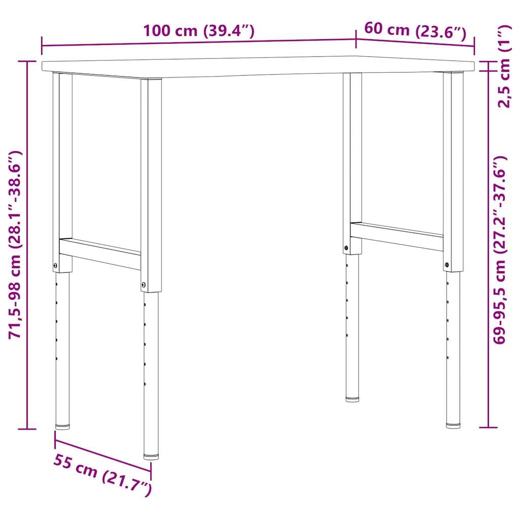Banco de trabajo de madera maciza de roble 100 x 60 x (71,5 – 98) cm con estructura de metal pulverizado, altura regulable para taller, hobby, garaje, con gran placa de madera y práctico