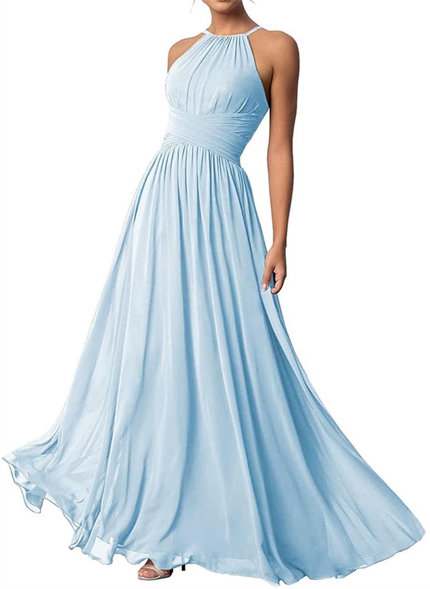 Wseyu Women's Baby Blue Halter Neck Bridesmaid Dresses Long Chiffon Dresses Evening Dresses Uk12