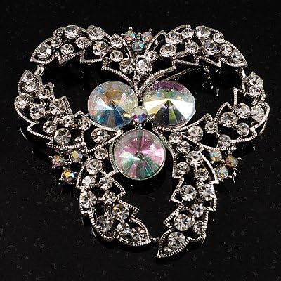 Vintage Class Aurora Borealis Crystal Brooch, silver, iridescent - Image 3