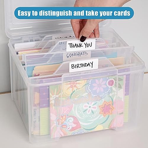 Image of ABuff Greeting Card Storage & Organizer Box with 6 Adjustable Dividers, Clear Plastic Photo Storage Box Card Organizer Box for Photos, Envelopes, Scrapbook, Stickers