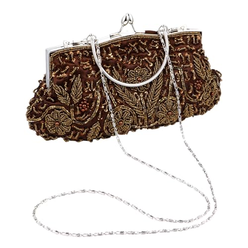 Pochette chic brodée perlée pour grand événement, paquet fait main pour femme marron café