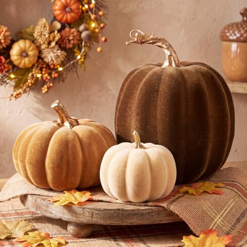 Bucherry 3 Pcs Velvet Pumpkin Decor Set 3D Rustic Fall Faux Foam Pumpkin Tabletop Decor Flocked Autumn Centerpiece Mantel Decoration for Halloween Harvest Home Kitchen(Brown)