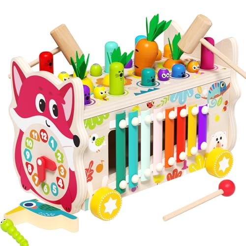 edutree 8 en 1 Jouets Montessori en Bois pour Les Tout-Petits de 1 à 3 Ans, Jeu de Tape-Taupe Xylophone pour Les Tout-Petits de 1 à 3 Ans, Activité...