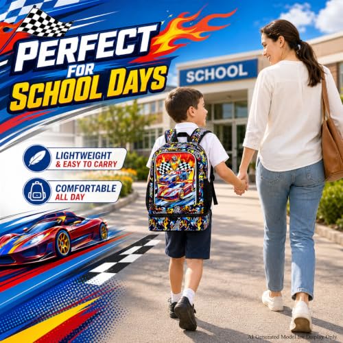 Image of HPJGD 2-in-1 Backpack for Boys, 17 inch Race Car Preschool Bookbag Set with Built-in Lunch Compartment, Kids Water-Resistant School Bag for Elementary - Thrill Racing