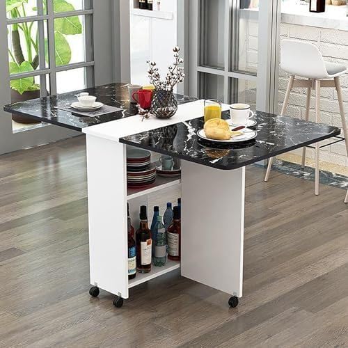 Mesa de comedor plegable extensible con 6 ruedas que ahorra espacio, diseño de hojas caídas con estantes de almacenamiento abiertos para trabajo, estudio y comedor, color blanco y negro, 140 cm