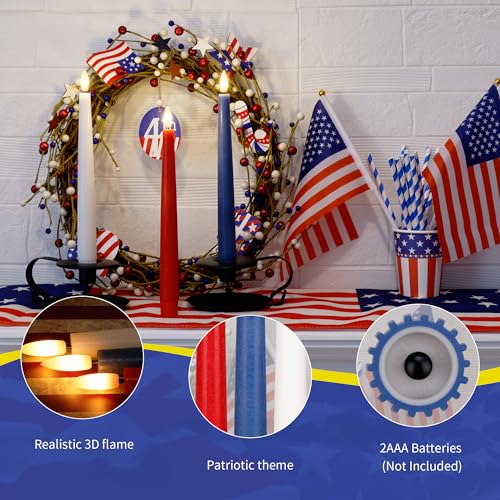 Image of Patriotic Flameless Taper Candles With 3D Wick - 9.6 inch Real Wax Red White and Blue With Remote and Timer - 4th of July LED Battery Operated Fake Candles, 3 Pack