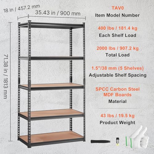 Image of VEVOR Storage Shelves 5-Tier Adjustable 2000 lbs 36 inchx18 inchx72 inch Shelving Unit | Heavy Duty Garage Storage Metal Utility Rack Shelf for Kitchen, Pantry, Basement, Bathroom, Laundry, Living Room, Warehouse