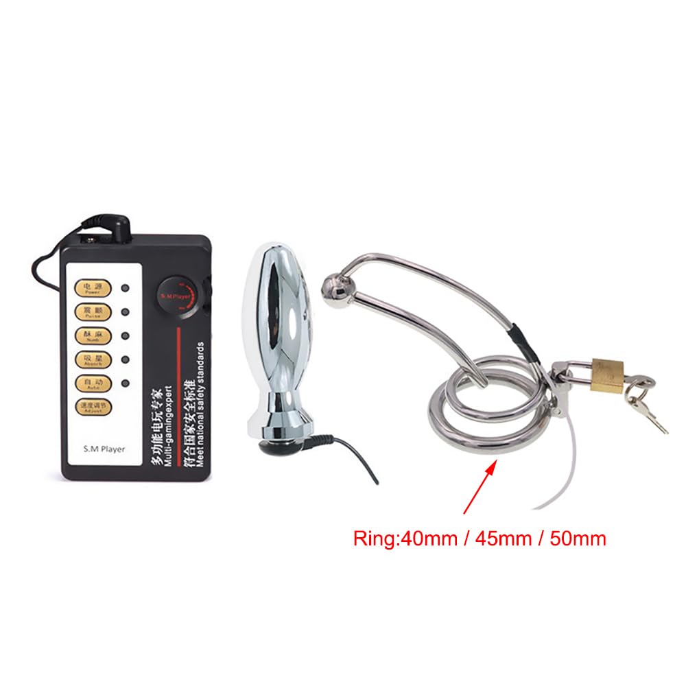 SM Elektro Shock Edelstahl Analplug Keuschheitskäfi Harnröhren Dilator Metall Elektrische Stimulation Buttplug Penisplug Sex Toys Mit Host Device E-Stim Set Sexspielzeug für Männer (Ring:40mm)