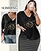 Kokaaee Plus Size Graphic Tees for Women - 2X T Shirts Oversized Tshirts V Neck Loose Fit Summer Short Sleeve Tops Long Length Vneck Black Sun and Moon Curvy Woman Fashion Trendy Cute Plain