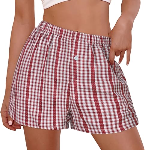 Image of Women Boxer Shorts Summer Gingham Pj Casual Plaid Bottoms with Pocket