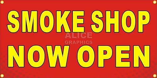 Cartel de vinilo Smoke Shop Now Open de 22 x 44 pulgadas (diseño #5), disponible con cambio de texto (opcional)