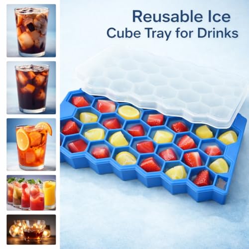 Image of Auram Hexagonal Silicone Ice Tray Blue, Flexible BPA-Free Ice Cube Mold with Easy Release, Reusable Freezer Tray for Ice Cubes, Whiskey, Cocktails & Chocolate (Pack of 2)