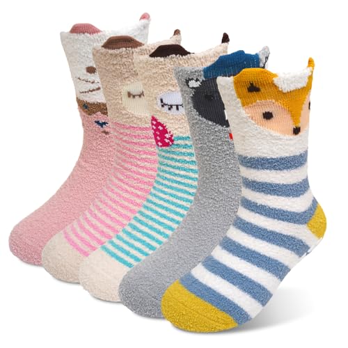 LOFIR Calcetines Invierno Antideslizantes Niñas: Calcetines Casa Térmicos Divertidos Gruesos Dormir - Forro Polar de Doble Cara Para Niños Caminar en Suelos Interiores 5 Pares Animal 31-34