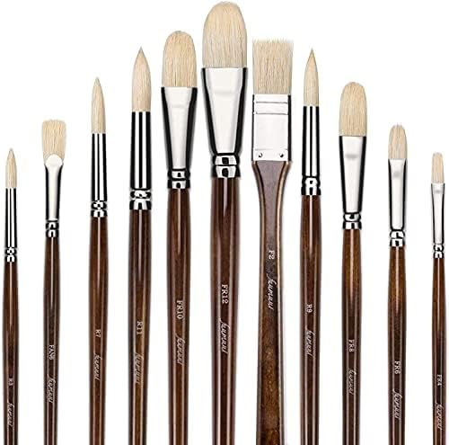 Fuumuui Hog Bristle Brushes-11 pcs Professional Oil & Acrylics Artist Paint Brushes Lacquered Birchwood Long Handles with a Free Carrying Box