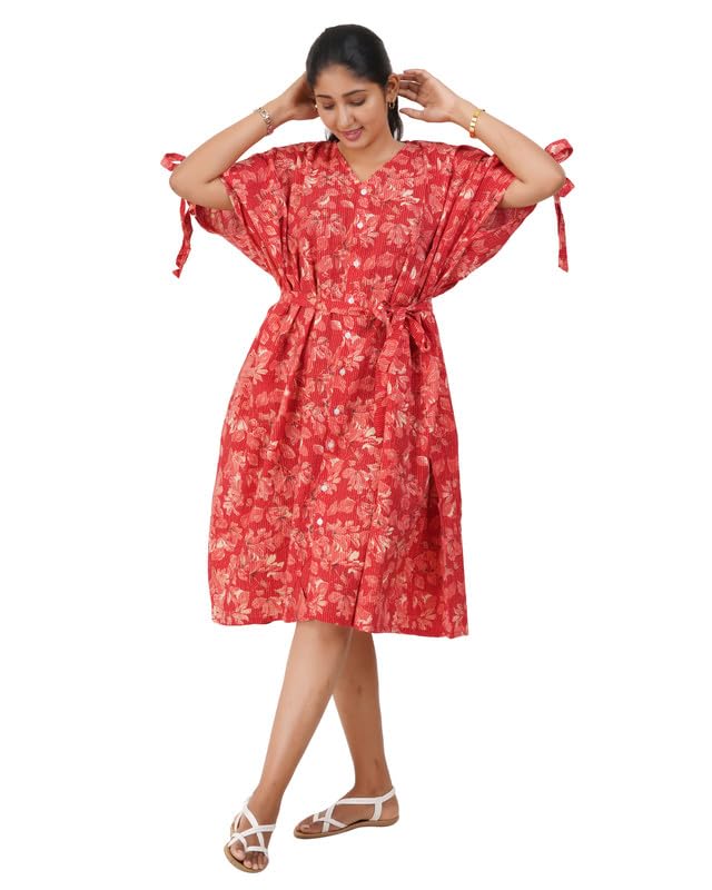 Image of MENMAII Oversized Cotton Full Button Dress for Women | Loose Fit with Fancy Sleeve Tie-Ups & Waist Tie-Up | Comfortable Casual Calf Length [Size : One Size fits Upto 3XL]