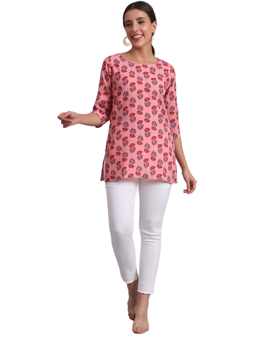 Patlani Women's Cotton Printed Short Fullstitched Kurti/Kurtas. Pink