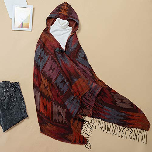 Domary Capa feminina de outono vintage com capuz geométrica com borla de fivela poncho boêmio casual
