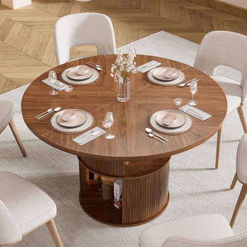 47 inch Round Dining Table for 4, Farmhouse Kitchen Dining Table with 2-Layer Storage Shelf and Fluted Panel, Modern Wooden Dining Room Table for Home, Kitchen, Living Room (Walnut) - Image 5