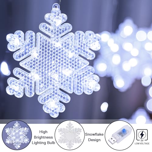 BLOOMWIN Christmas Window Lights Indoor - 2M 160 LED Christmas Window Decorations, Snowflake Curtain Hanging Fairy String Icicle Lights for Xmas Noel Bedroom Holiday Home Outdoor, Cold White USB - image 2