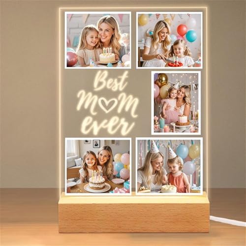 Veilleuse personnalisée en acrylique avec base bois pour collage photos de maman