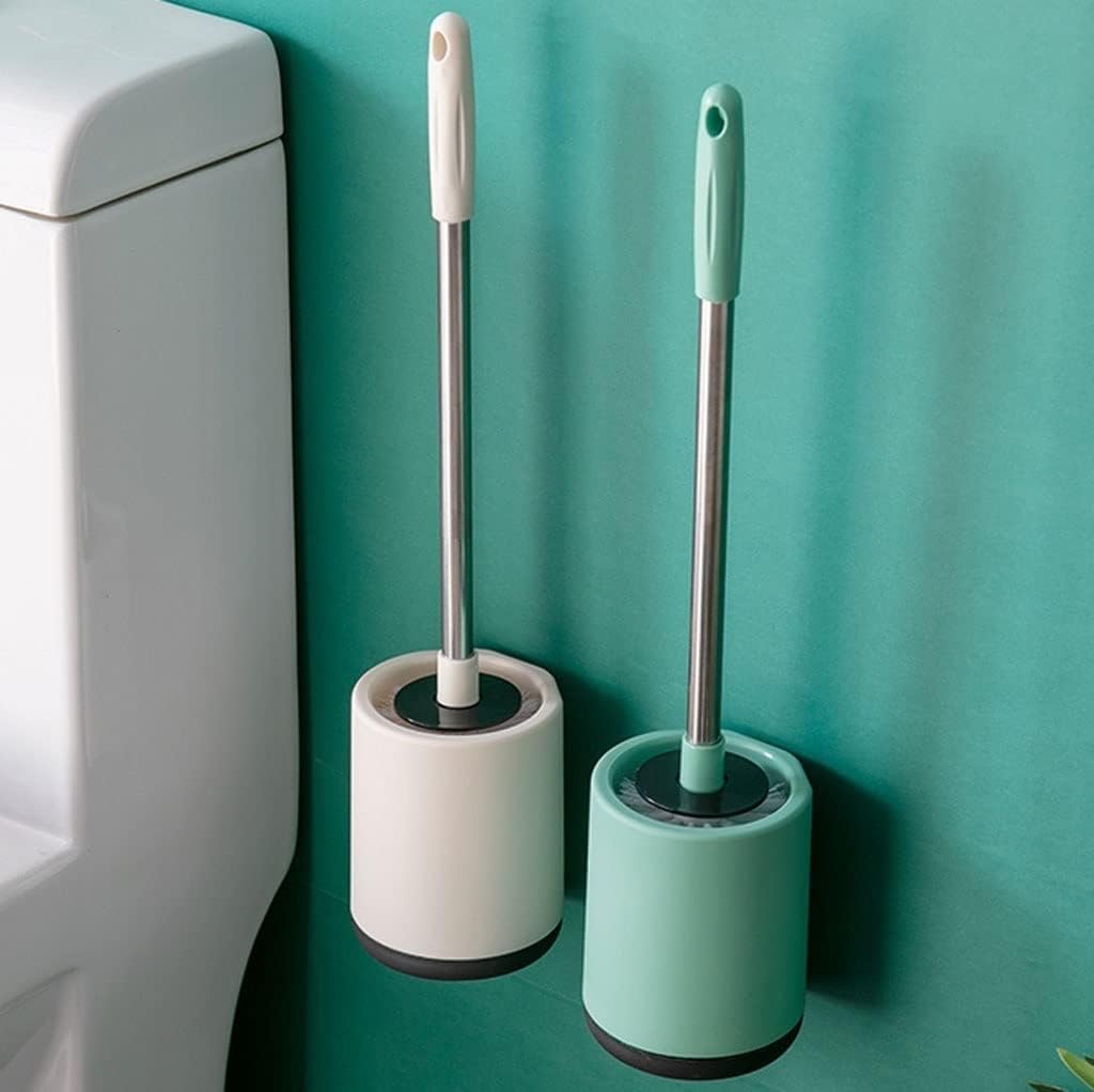 Toilet Brush Holder Wall-Mounted Toilet Brush Stainless Steel Long Handle Toilet Brush Modern Minimalist Household Bathroom Cleaning Toilet Brush Holder Set Toilet Brush Holders(White)