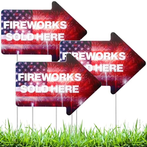 Memorywuu 3 Pcs Fireworks Sold Here Yard Sign 250th Anniversary Independence Day Arrow Single Sided Yard Signs 15" x 12" with Metal Stakes Advertise Your Business for Front Door Garden Lawn